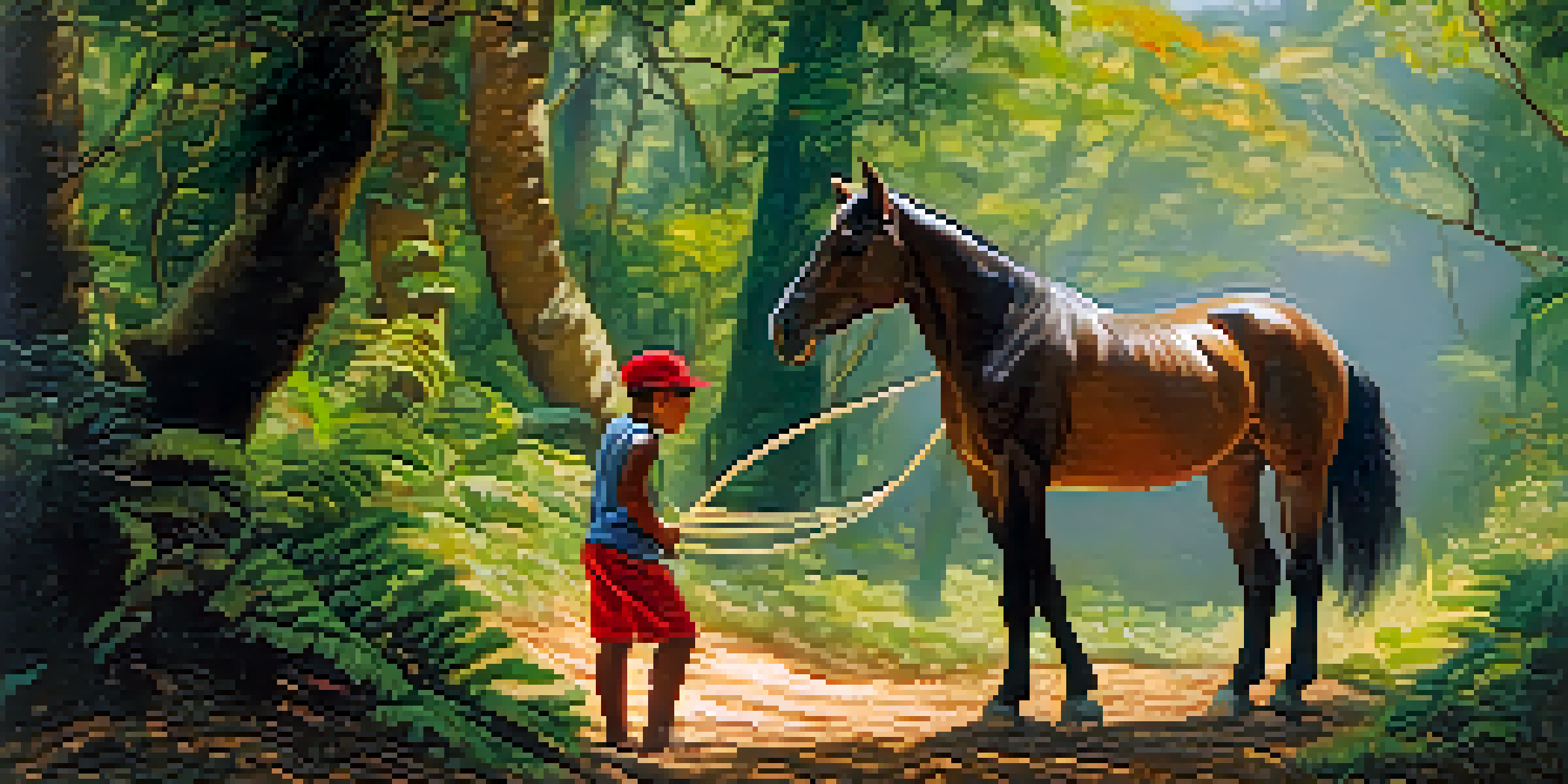 A playful one-legged boy in a red cap, surrounded by a vibrant forest, tying knots in horses' tails with a puff of smoke.
