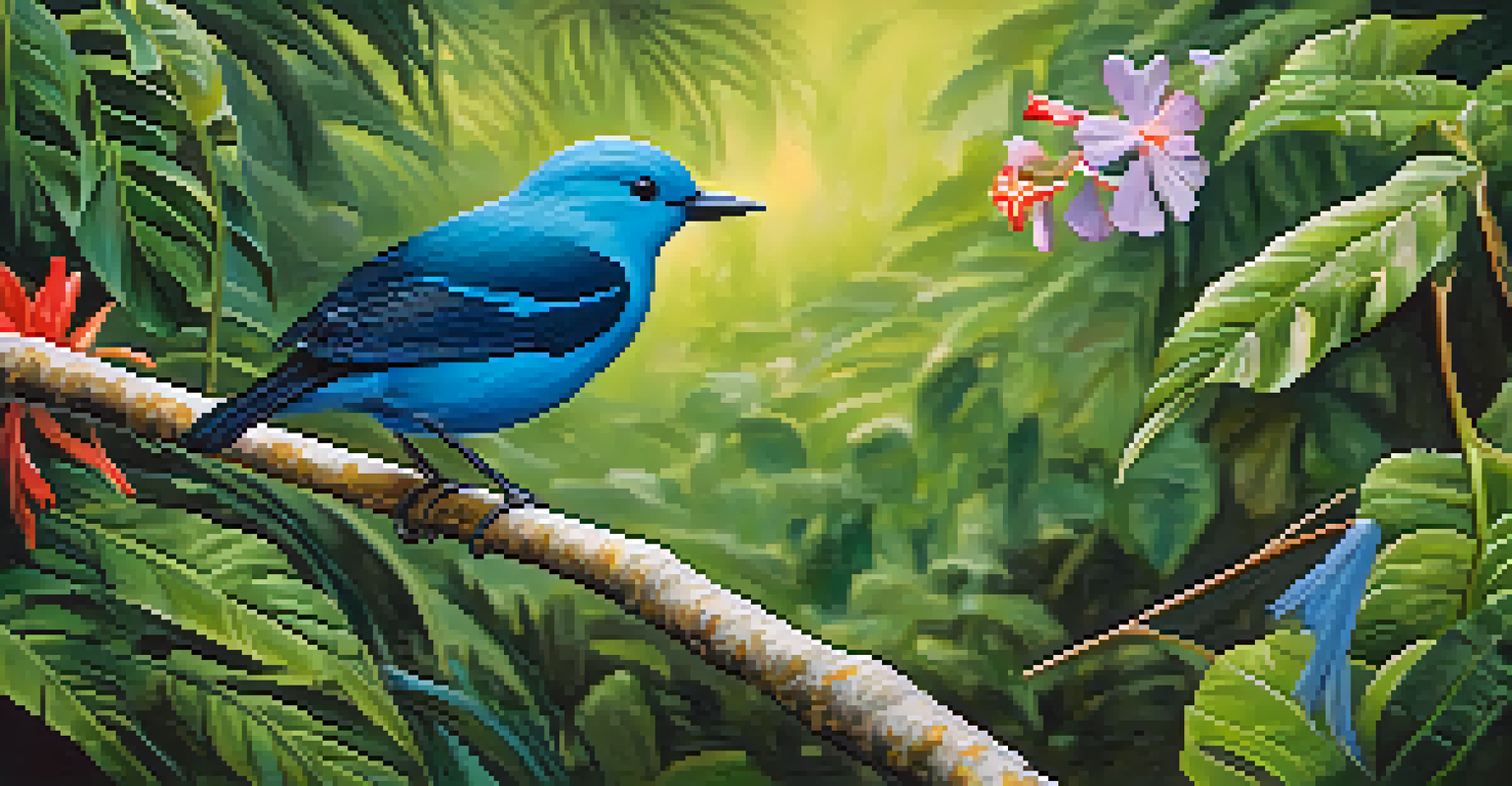 A close-up of a vibrant blue manakin bird on a branch in the Atlantic Forest with lush greenery and colorful flowers in the background.