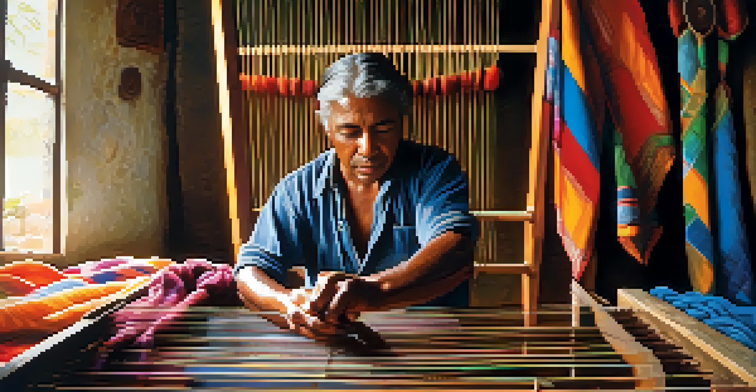 A skilled artisan weaving textiles on a loom in Brazil, with colorful threads and patterns around them.