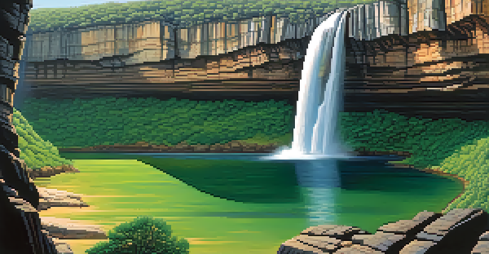 A stunning canyon scene featuring a waterfall flowing into a clear pool, surrounded by greenery and sunlight filtering through trees.