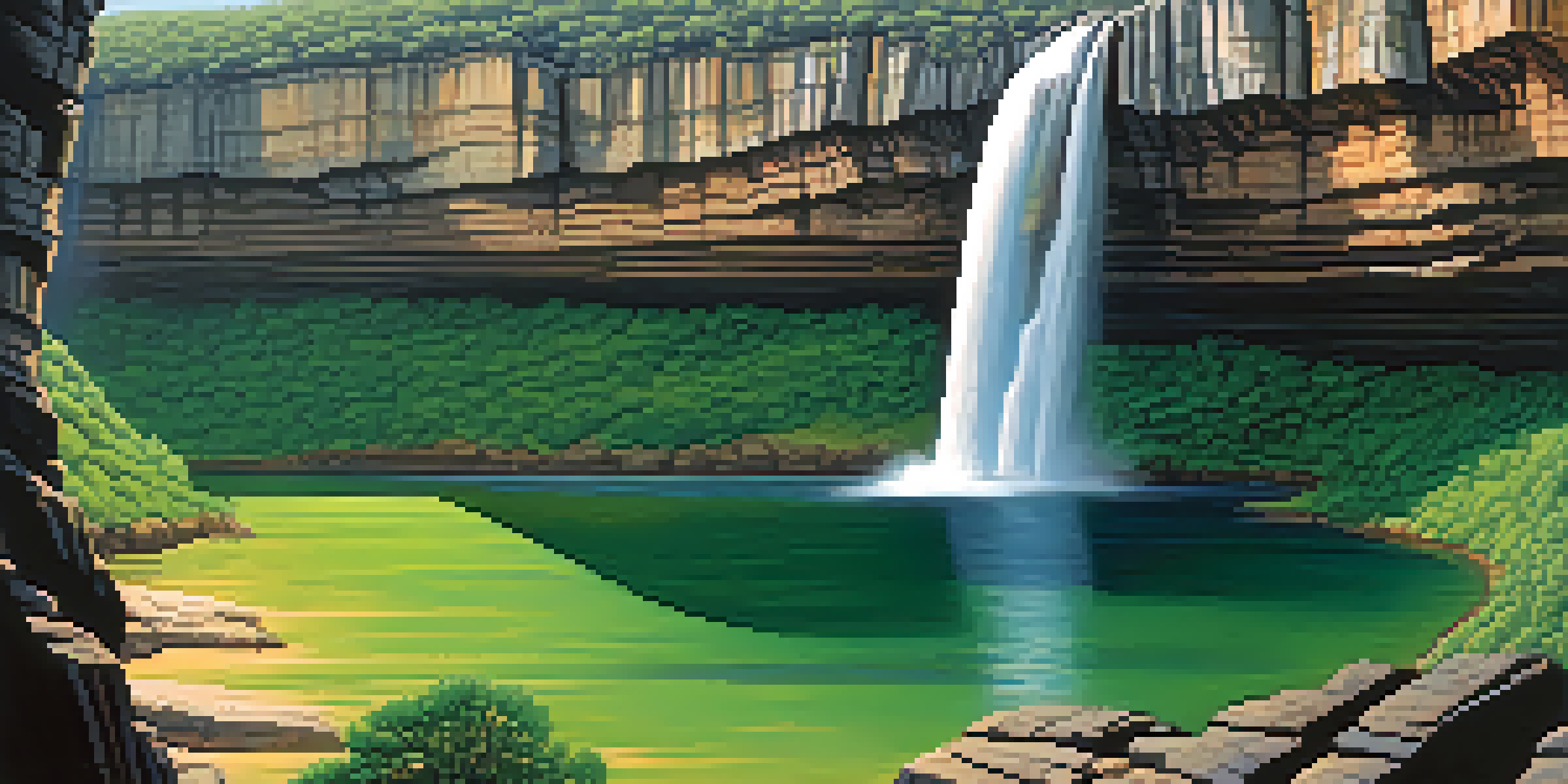 A stunning canyon scene featuring a waterfall flowing into a clear pool, surrounded by greenery and sunlight filtering through trees.