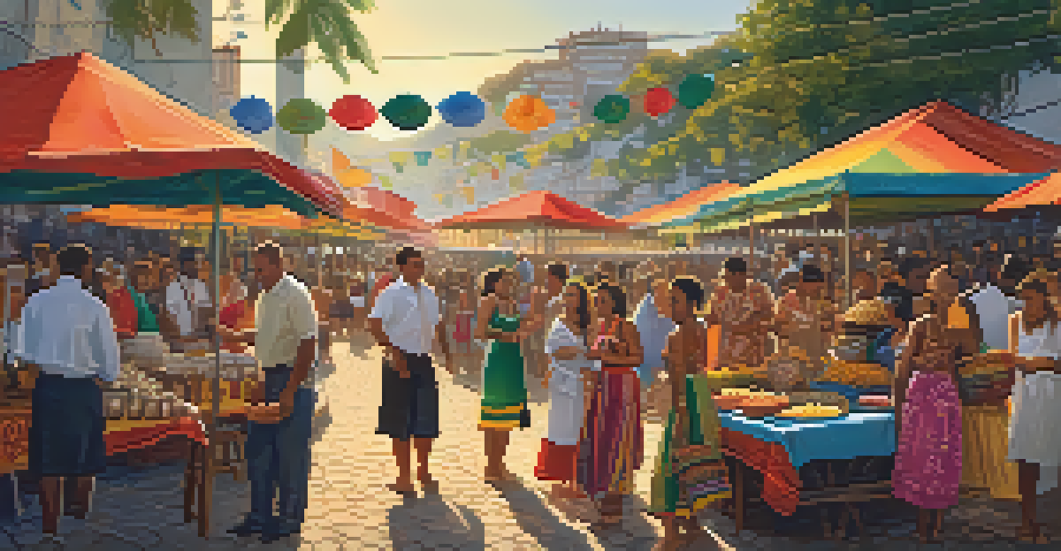 A vibrant market in Rio de Janeiro with dancers performing and colorful stalls filled with food and crafts.