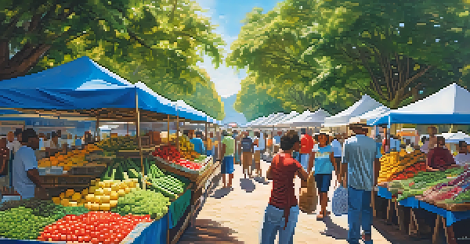 A busy Brazilian farmers' market filled with fresh produce, local farmers, and community members, under a sunny sky.