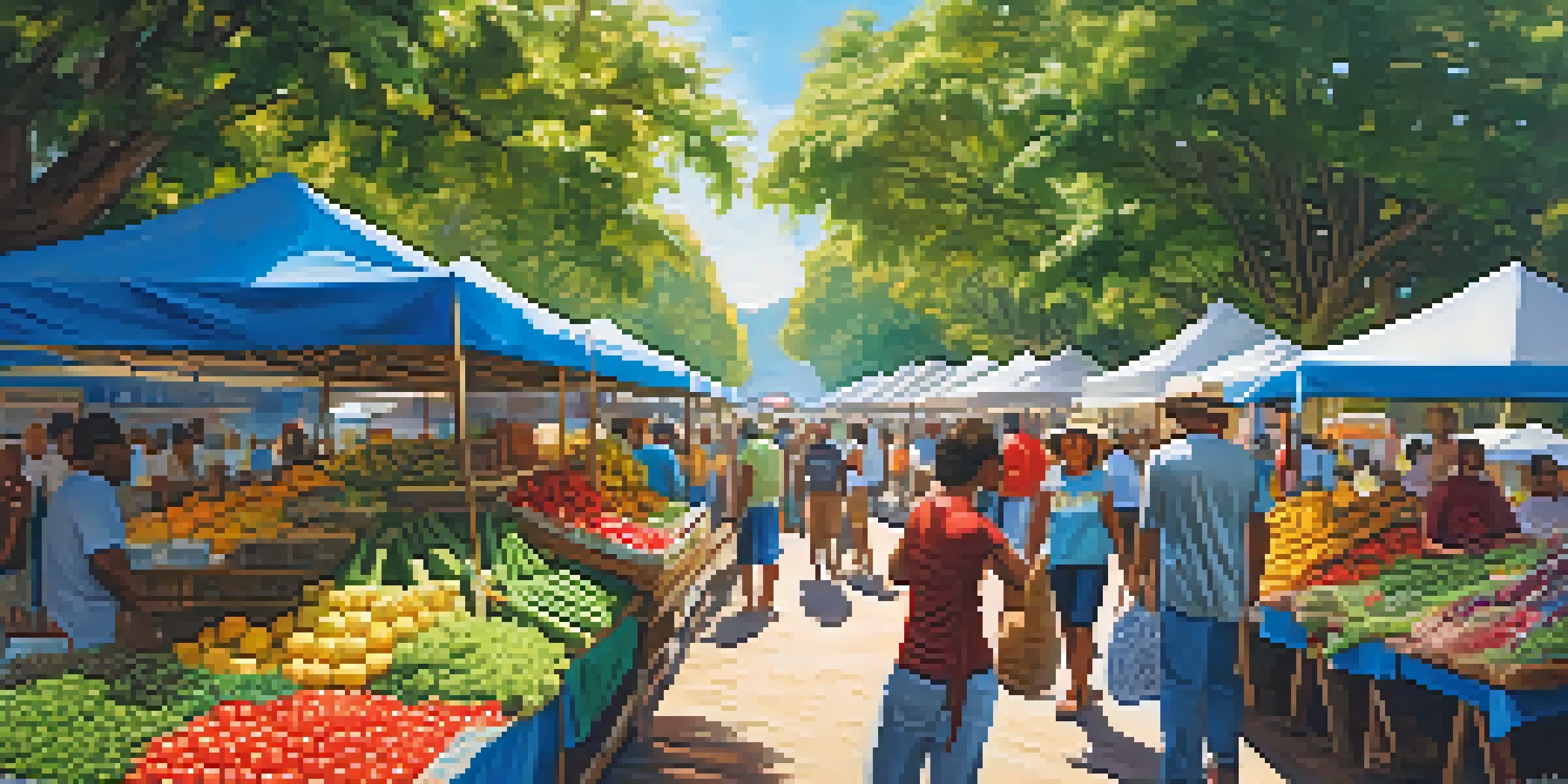 A busy Brazilian farmers' market filled with fresh produce, local farmers, and community members, under a sunny sky.