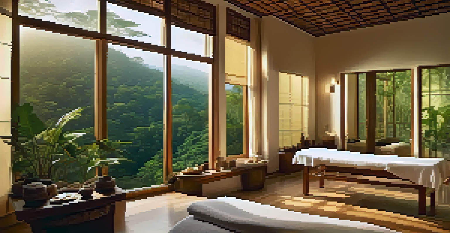 A cozy spa treatment room with a massage table, warm lighting, and a view of the Amazon rainforest through large windows.