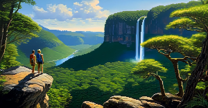 A beautiful waterfall in Serra do Cipó National Park with hikers in the foreground, surrounded by lush greenery and sunlight filtering through the trees.