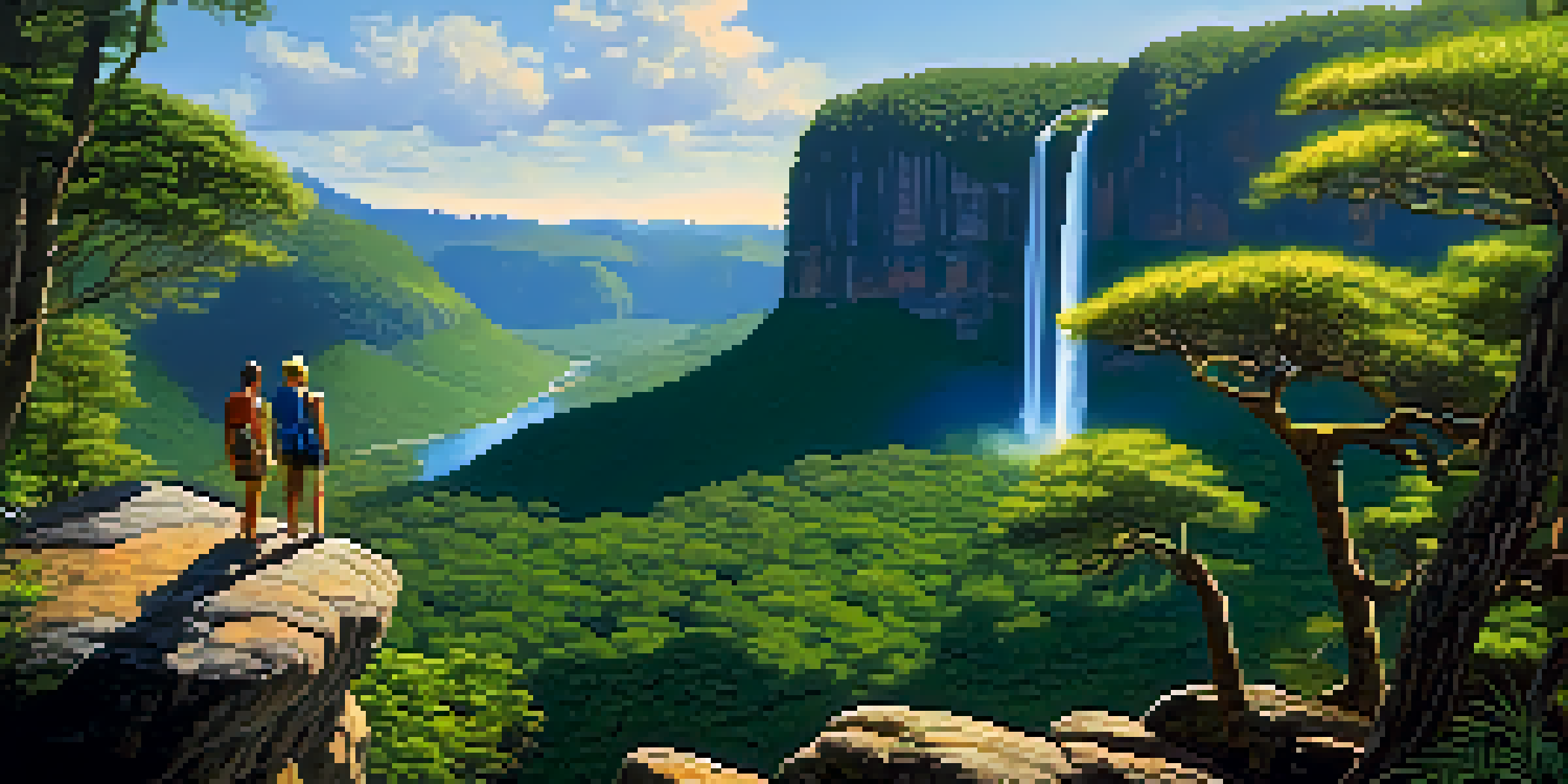 A beautiful waterfall in Serra do Cipó National Park with hikers in the foreground, surrounded by lush greenery and sunlight filtering through the trees.