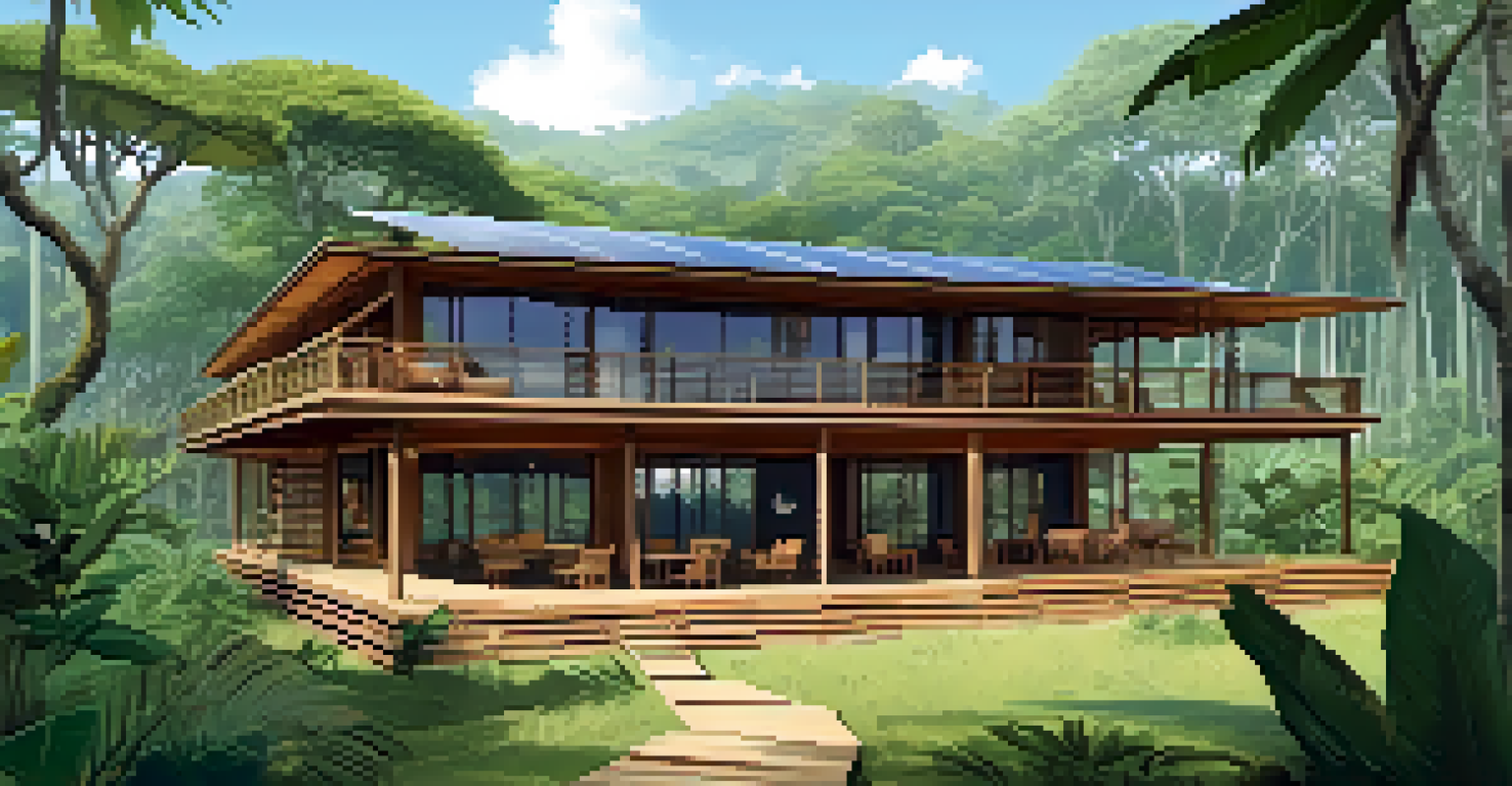 An eco-friendly lodge in a Brazilian national park, surrounded by tropical plants.