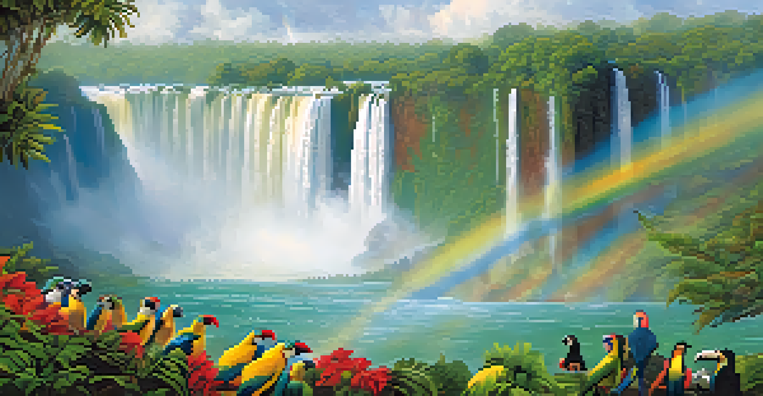 Iguazu Falls with lush flora and vibrant birds, highlighting the beauty of Iguazu National Park.