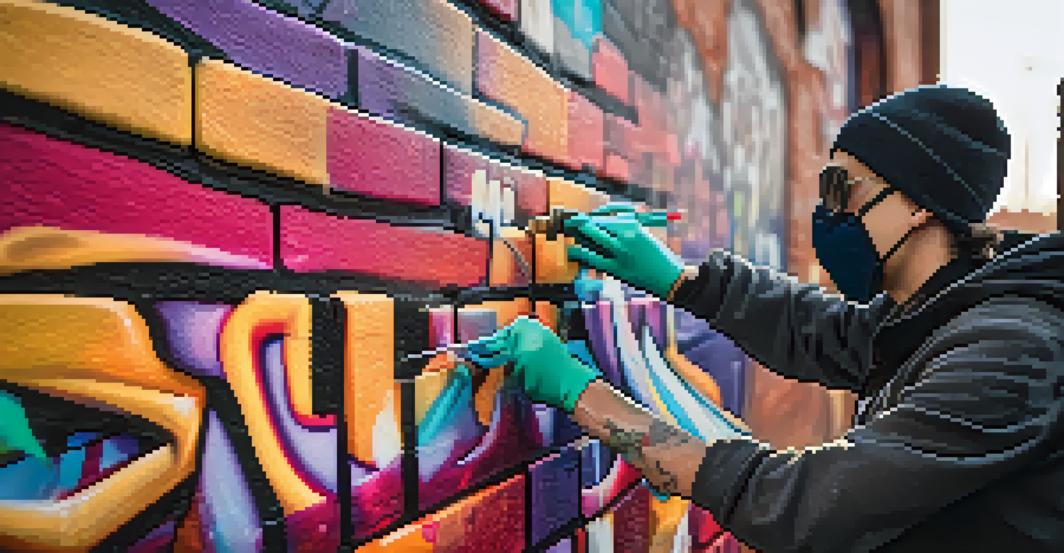 A close-up of a graffiti artist spray painting a colorful design on a textured brick wall.