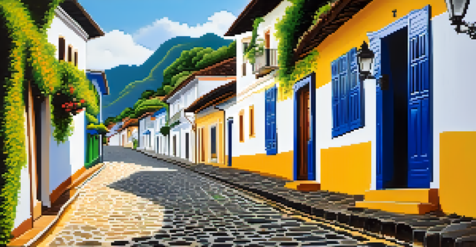 A charming colonial street in Paraty with colorful buildings and cobblestone paths, surrounded by mountains and bathed in warm sunlight.