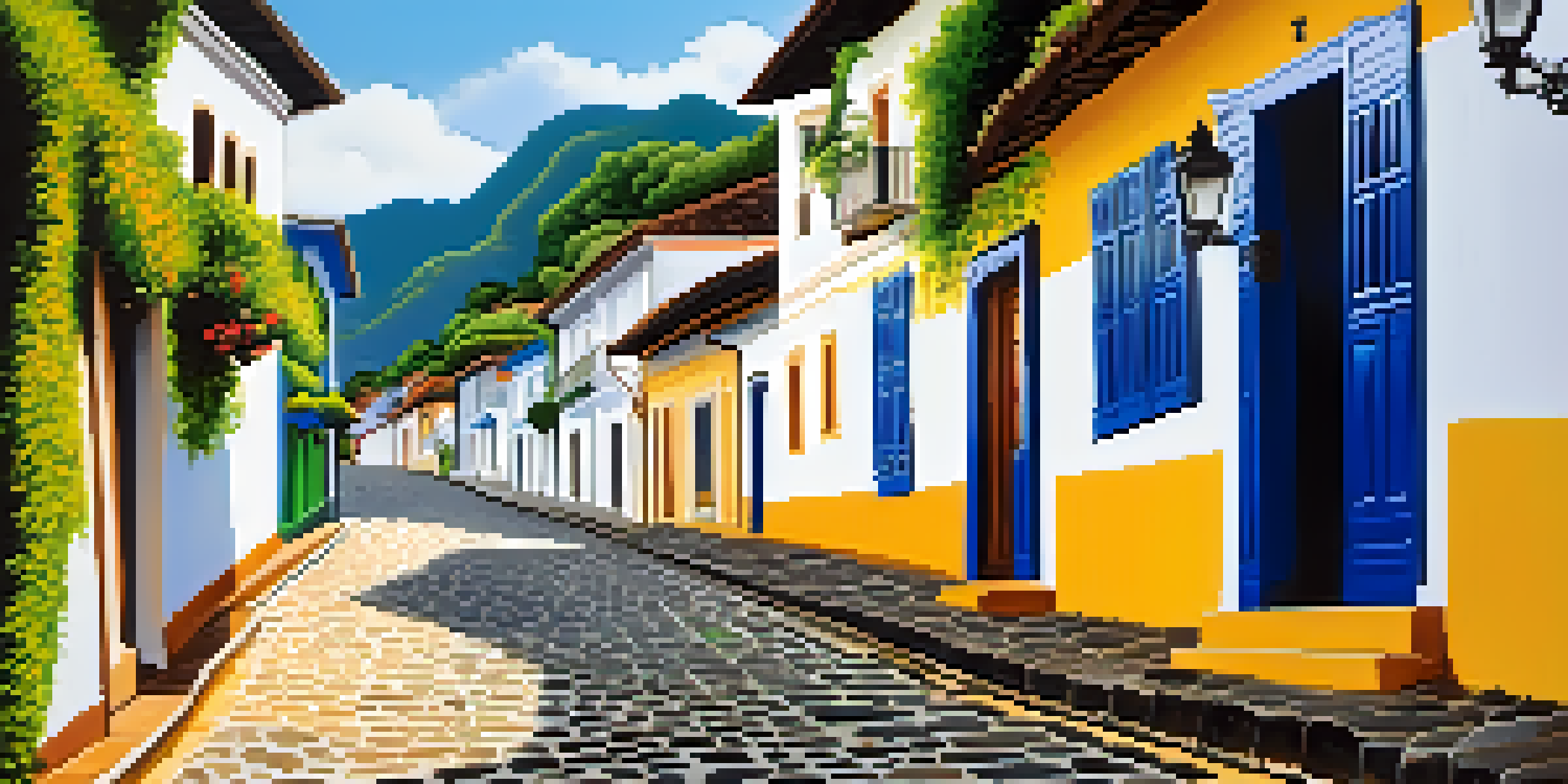 A charming colonial street in Paraty with colorful buildings and cobblestone paths, surrounded by mountains and bathed in warm sunlight.