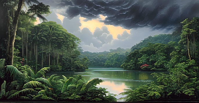 A scenic view of the Amazon rainforest with dramatic skies and vibrant greenery, highlighting the lush landscape.