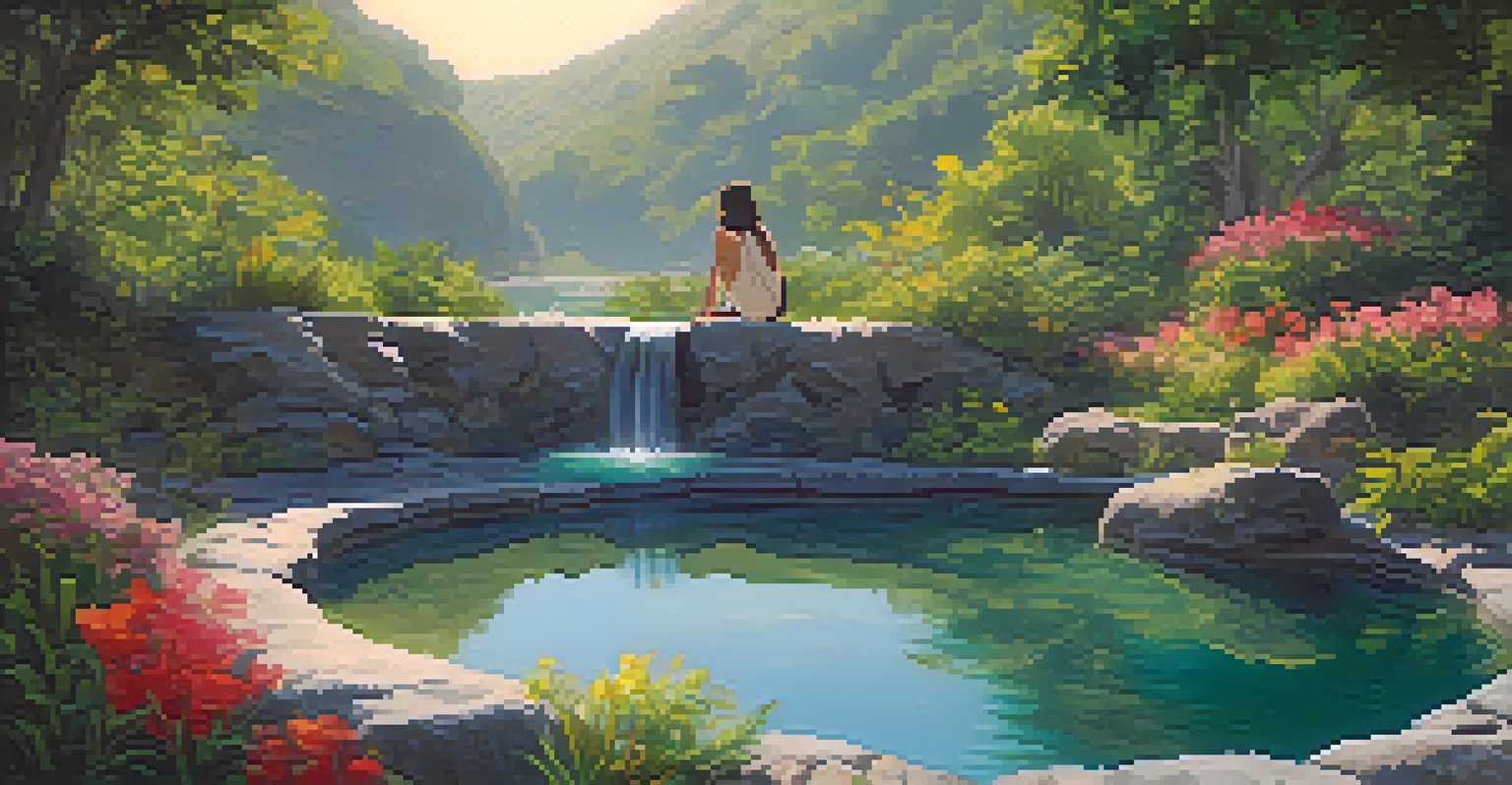 A person relaxing in a natural hot spring surrounded by lush greenery and colorful flowers, reflecting sunlight.