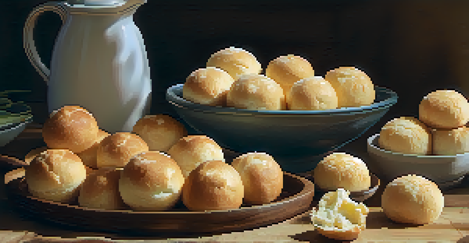 Freshly baked pão de queijo cheese bread displayed on a wooden platter next to a cup of coffee.