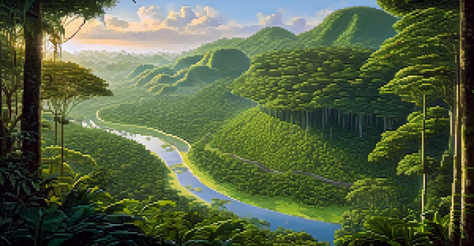 A bright and colorful view of the Amazon Rainforest with ancient geoglyphs, warm sunlight, and a winding river.