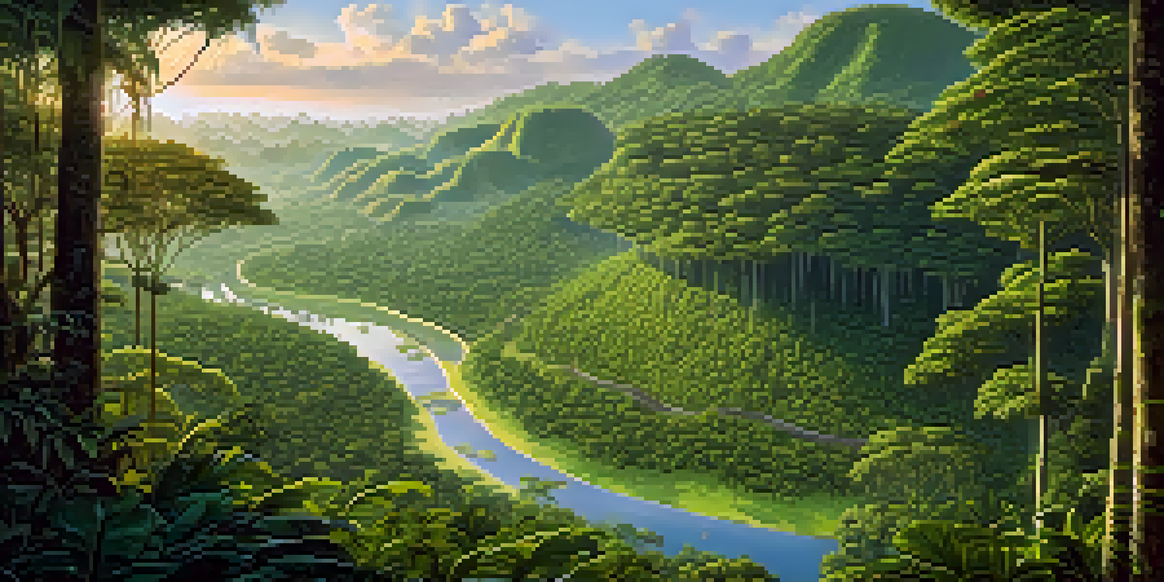 A bright and colorful view of the Amazon Rainforest with ancient geoglyphs, warm sunlight, and a winding river.