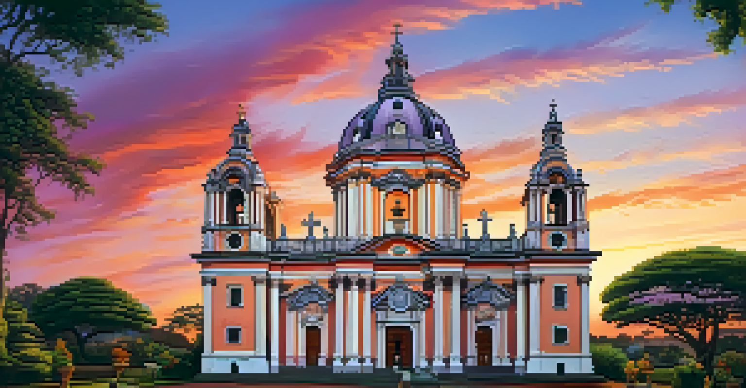 A stunning Jesuit church in Brazil at sunset, featuring a mix of European and indigenous architectural styles, surrounded by colorful gardens.