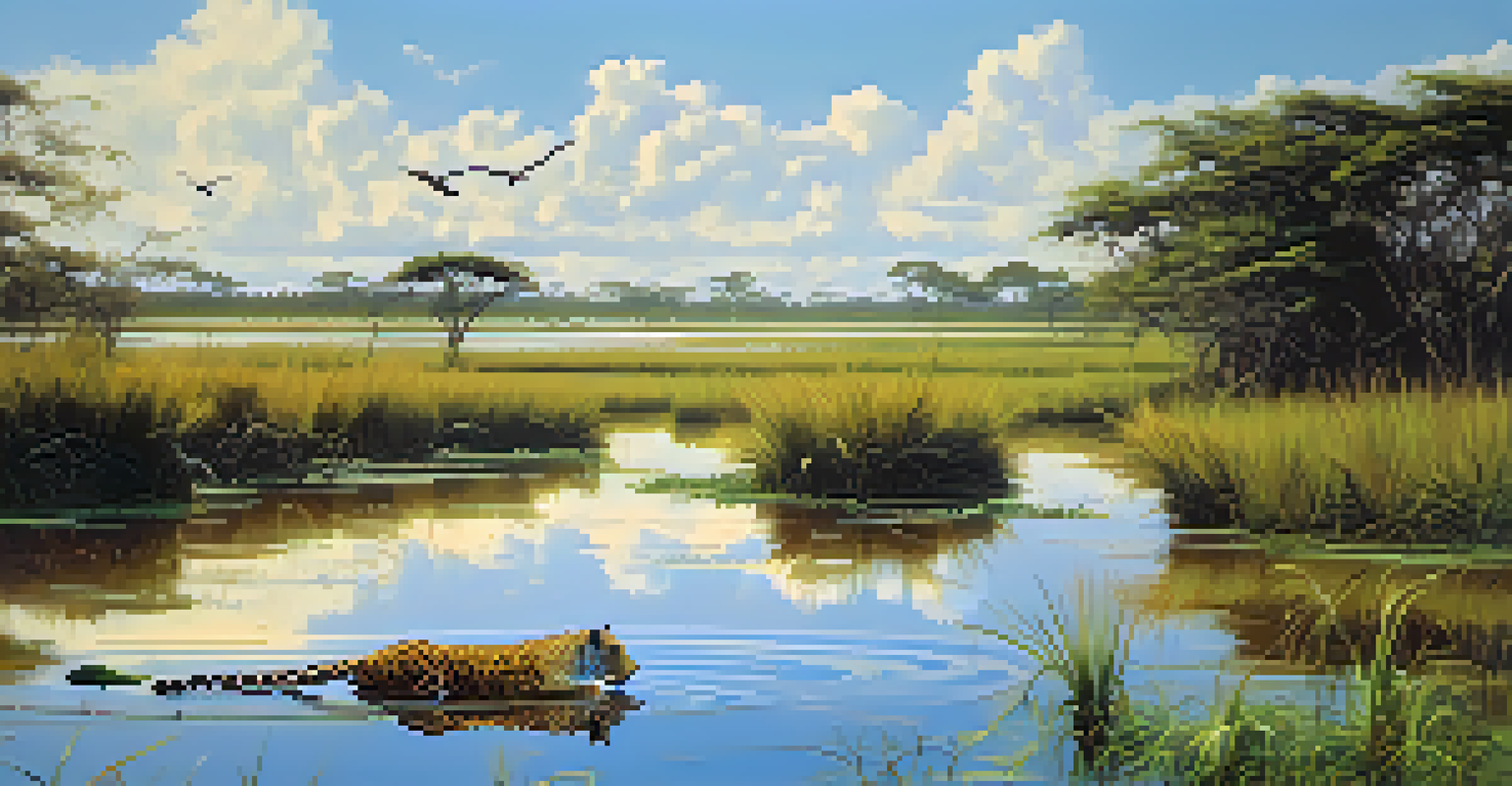 A wetland scene in the Pantanal with a jaguar by the river and capybaras in the foreground under a clear sky.