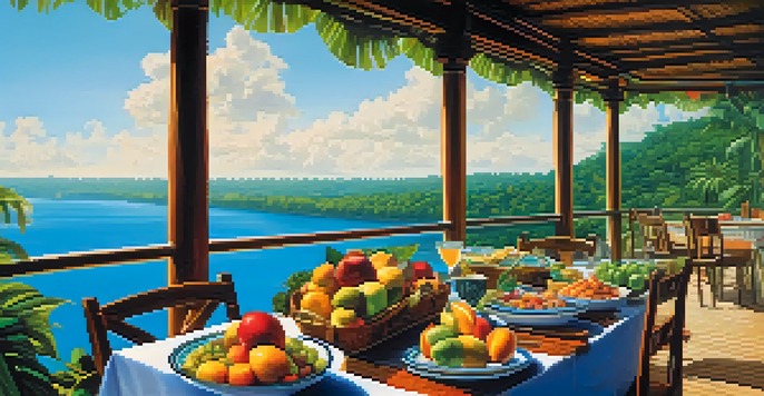 A dining table on a Brazilian river cruise deck, filled with tropical fruits and traditional dishes, with the Amazon jungle in the background under a sunny sky.