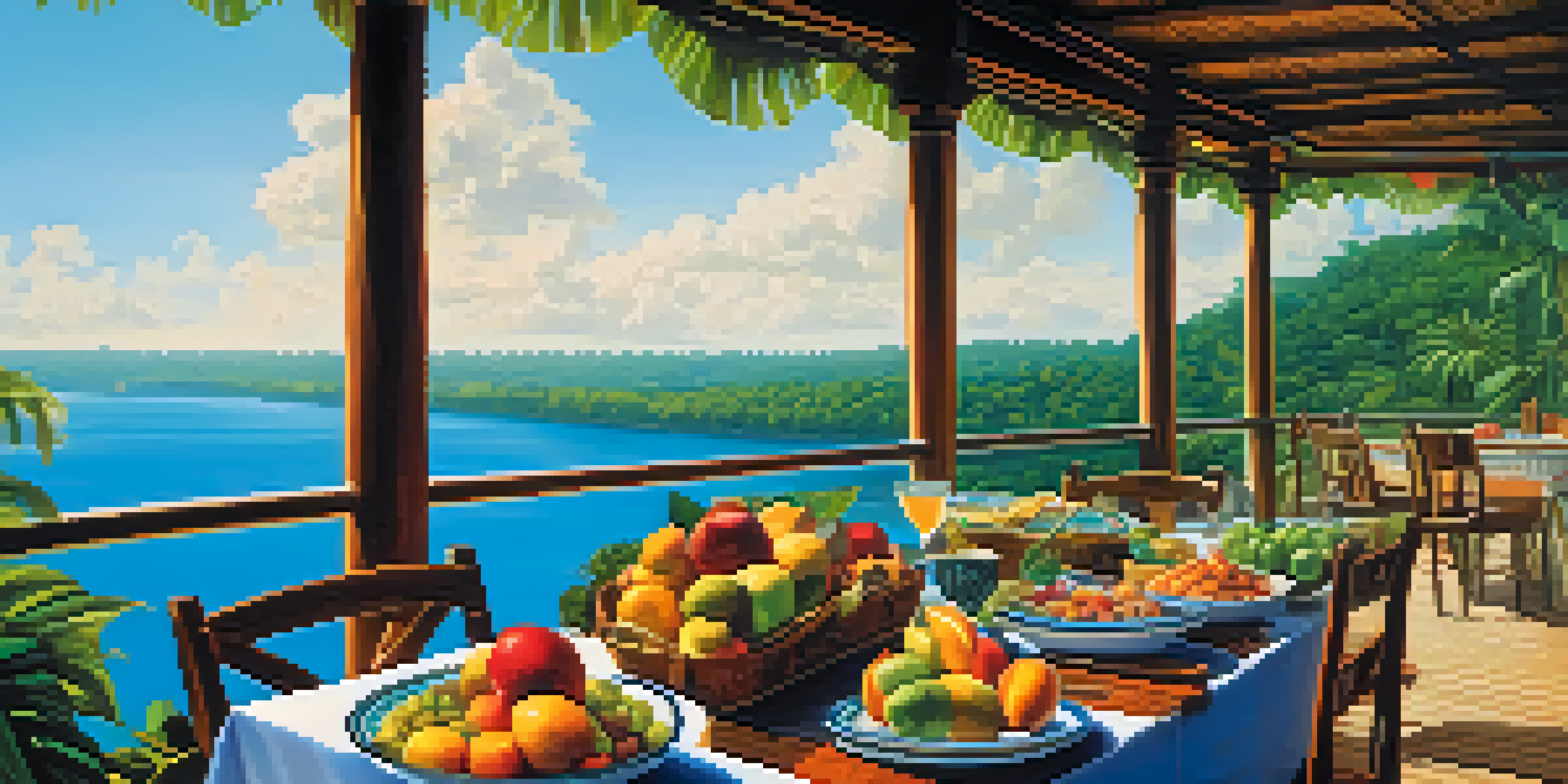 A dining table on a Brazilian river cruise deck, filled with tropical fruits and traditional dishes, with the Amazon jungle in the background under a sunny sky.