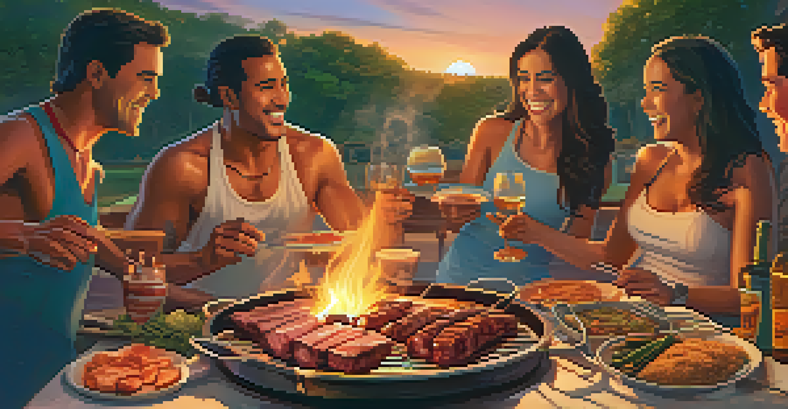 A group of friends enjoying a Brazilian barbecue at sunset with meat grilling on an open flame.