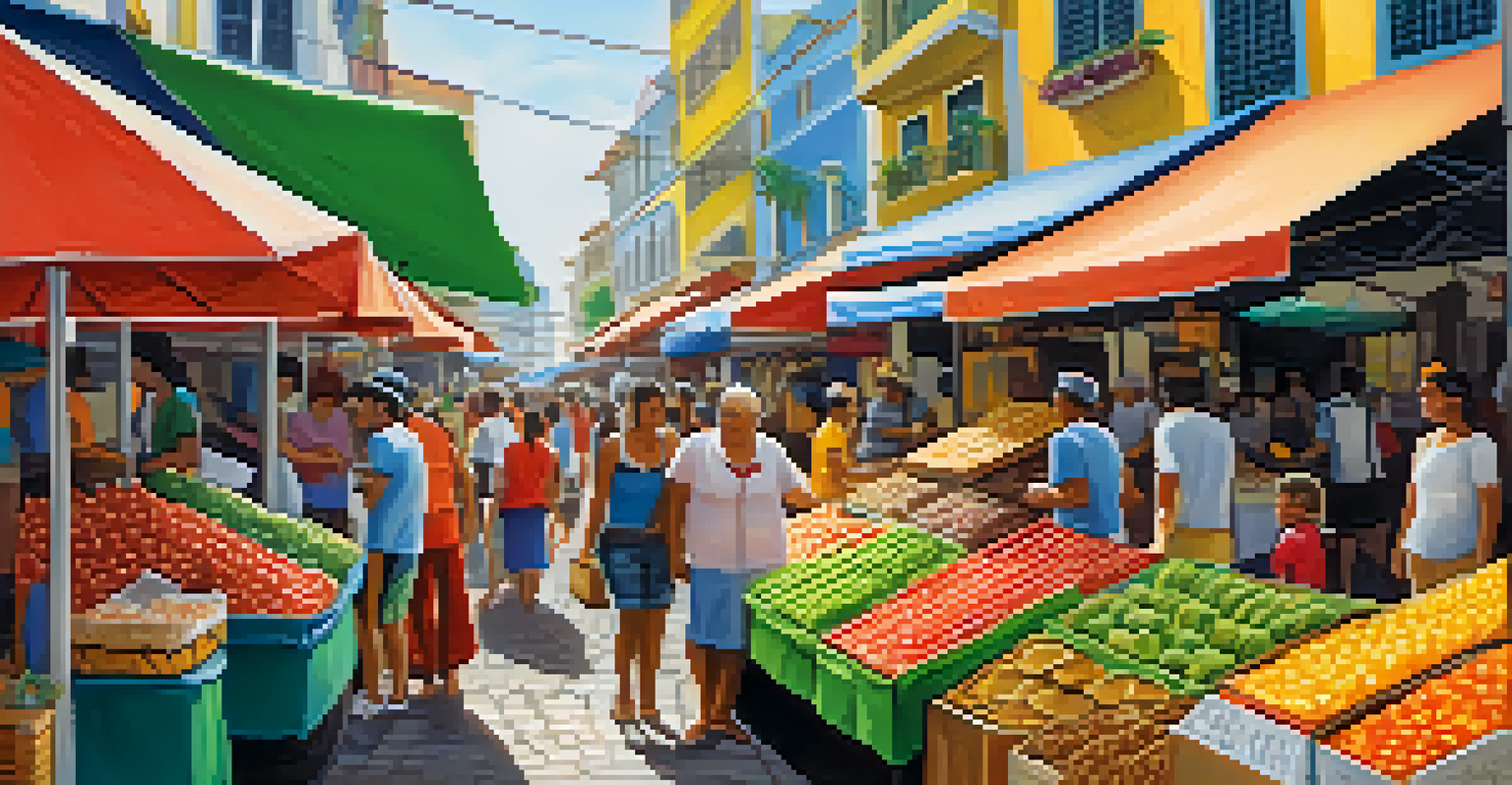 A lively street market in Salvador, Brazil, filled with colorful stalls and local vendors.