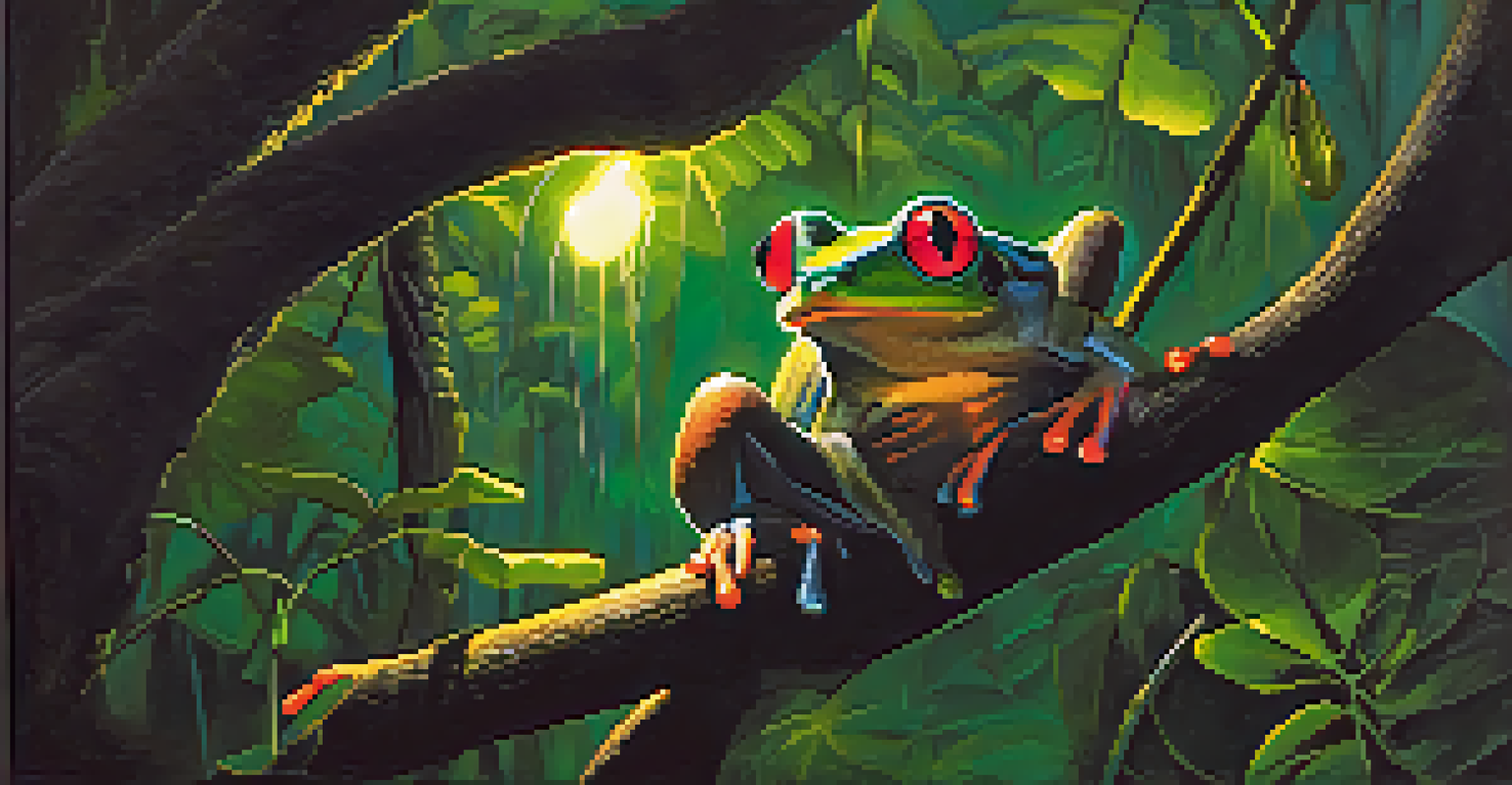 A night safari in the Amazon featuring glowing eyes of a tree frog and a kinkajou, with a guide using a flashlight in a dark forest.