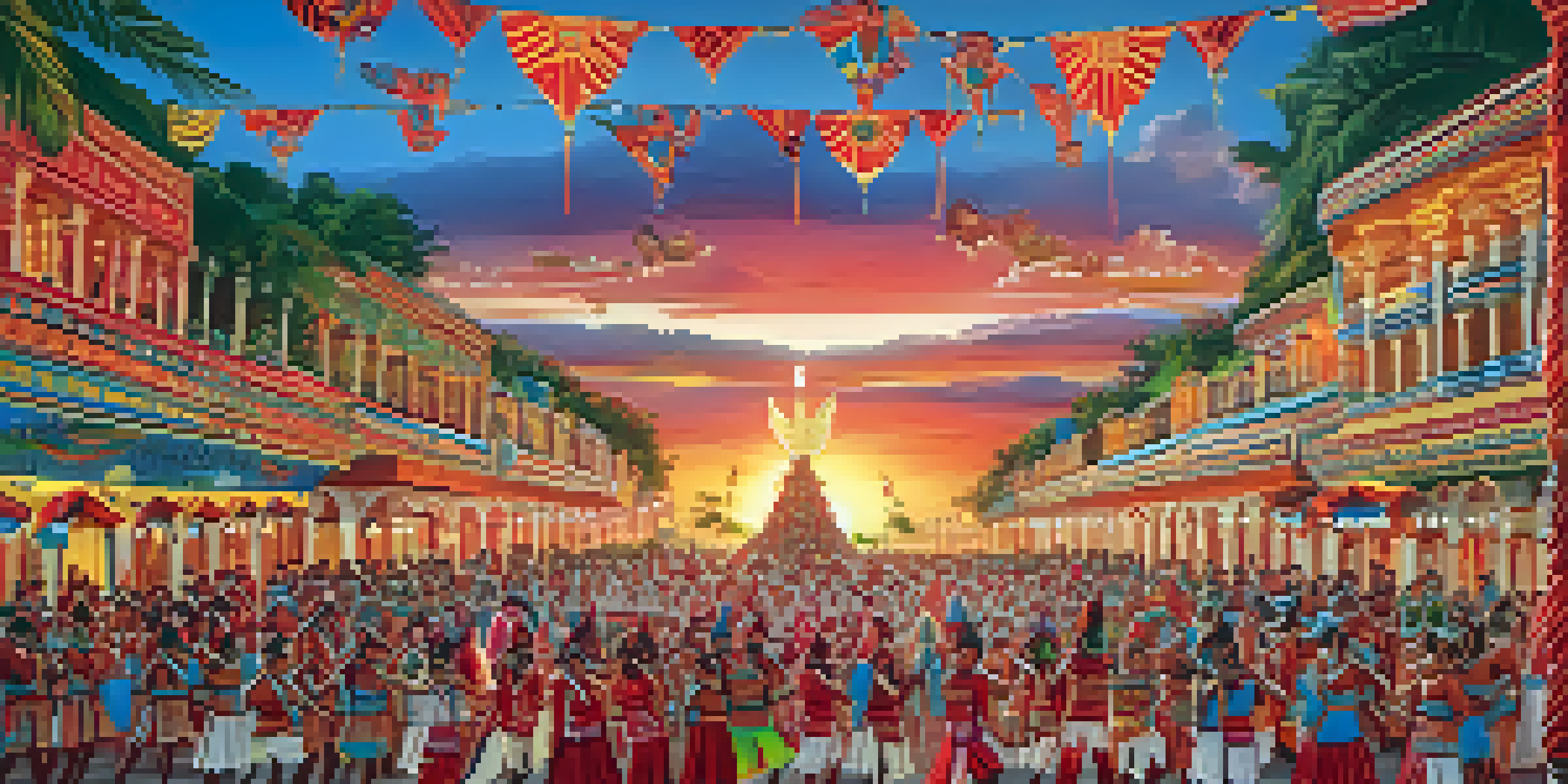 Vibrant scene from the Festival of Parintins with performers in colorful red and white costumes and a lively crowd.