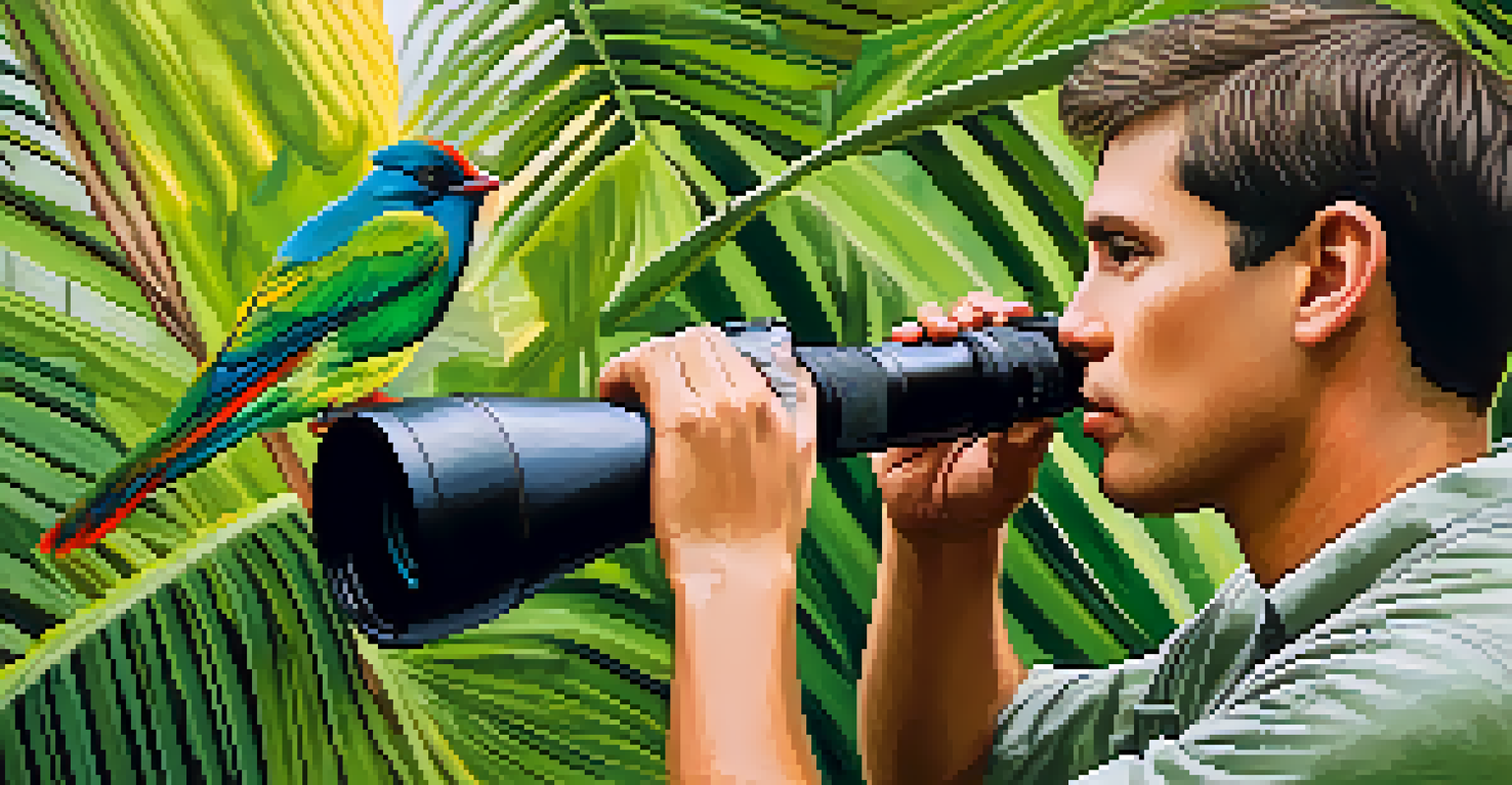 A birdwatcher using binoculars to observe a colorful bird in the coastal Atlantic Forest, surrounded by lush greenery.