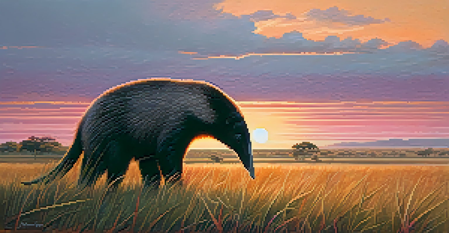 A giant anteater foraging in the Brazilian Cerrado at sunset, with warm colors in the sky and serene surroundings.