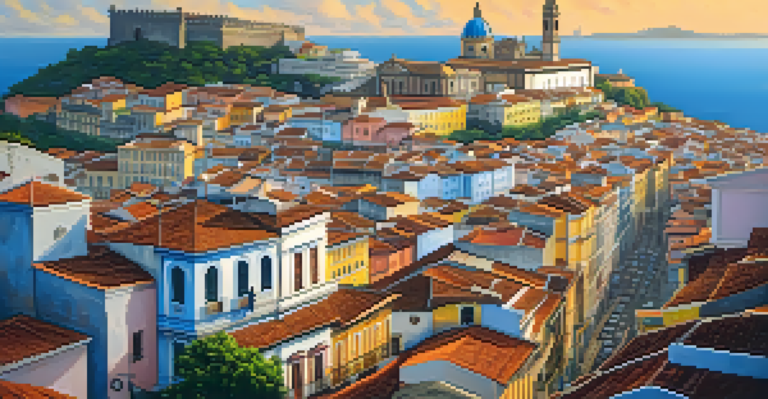 A lively view of Salvador's Pelourinho neighborhood, showcasing colorful colonial buildings and the Cathedral of Salvador at sunset.