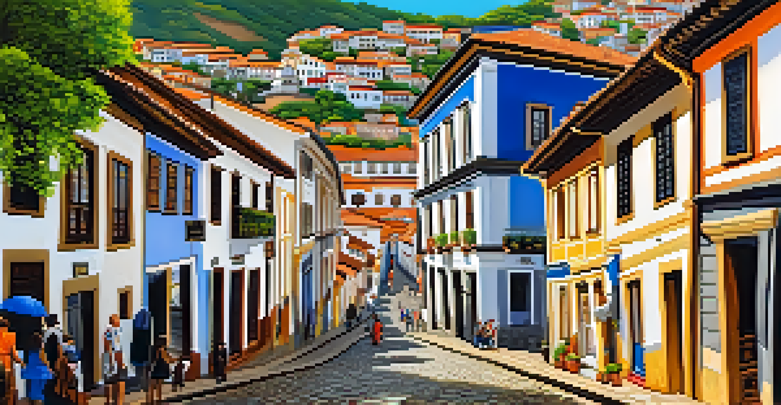 A scenic view of Ouro Preto, Brazil, with colonial buildings and artisans displaying handcrafted goods on cobblestone streets.