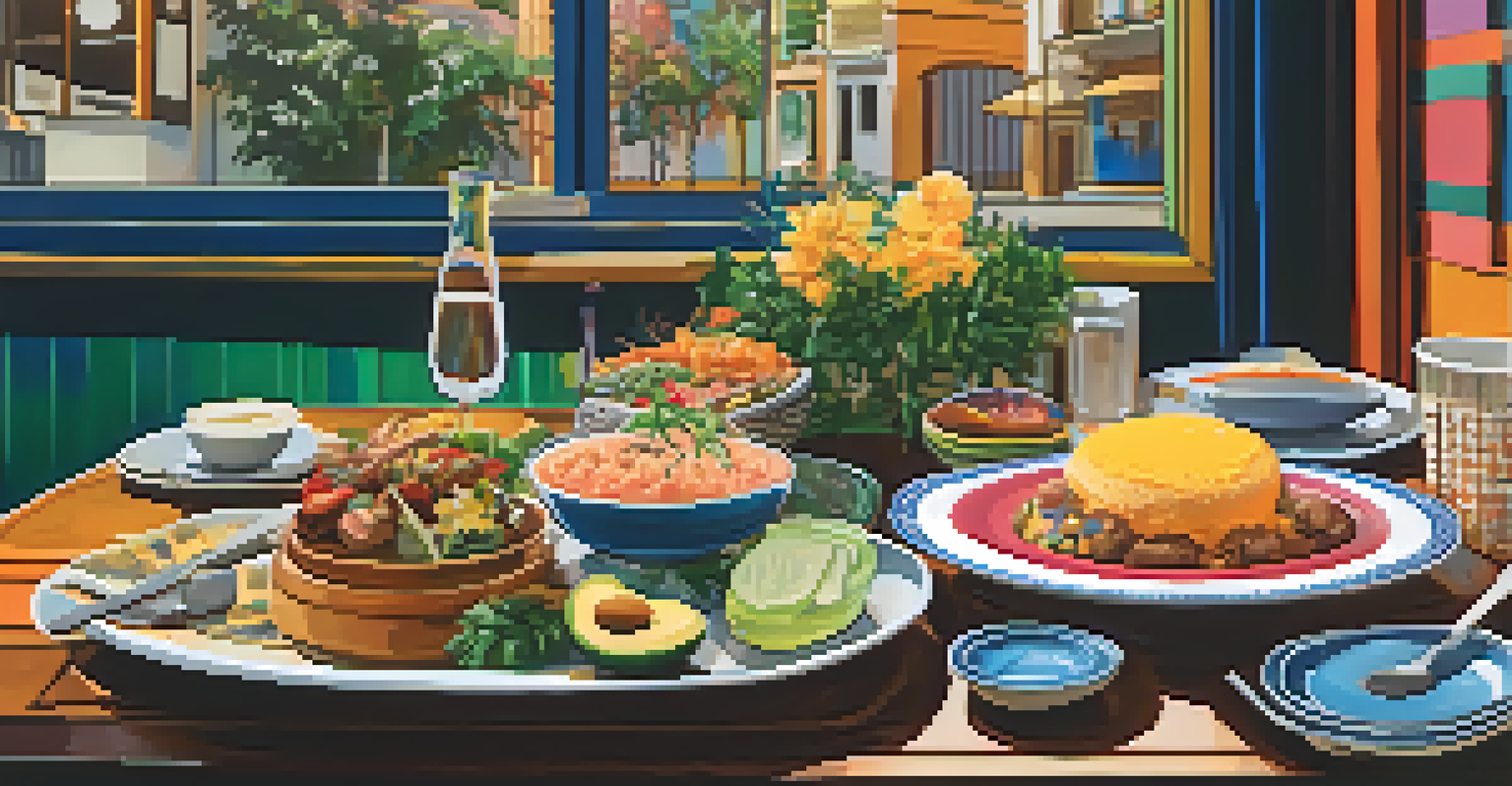 A dining table set up in an LGBTQ+-friendly restaurant, showcasing colorful Brazilian dishes and stylish decor.