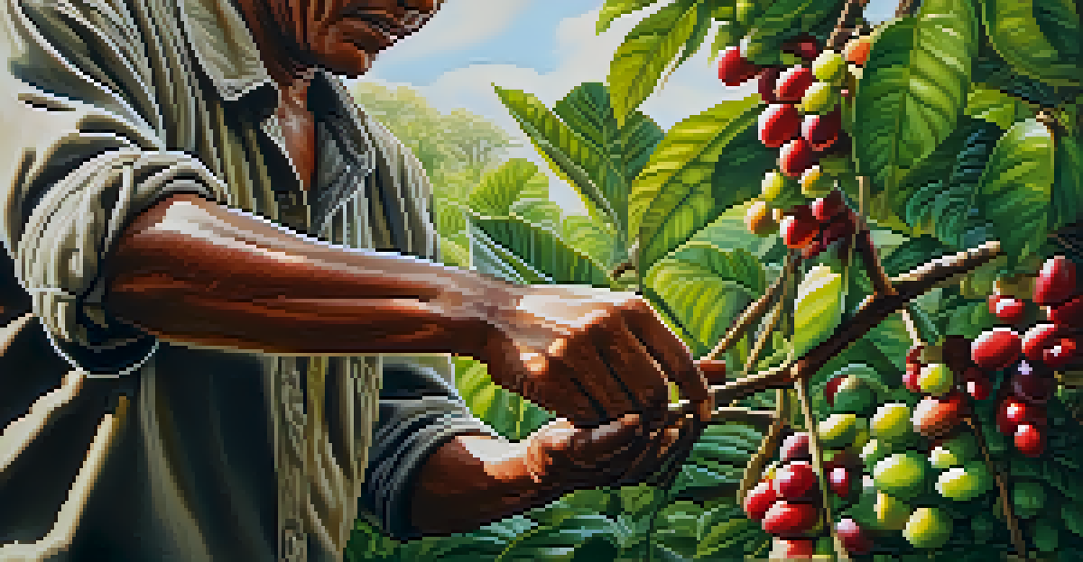 A close-up of a farmer's hands picking ripe coffee cherries from a plant, with green leaves and sunlight in the background.