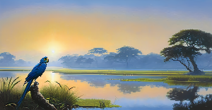 A scenic view of the Pantanal wetlands at dawn, featuring a hyacinth macaw on a branch and mist rising from the river.