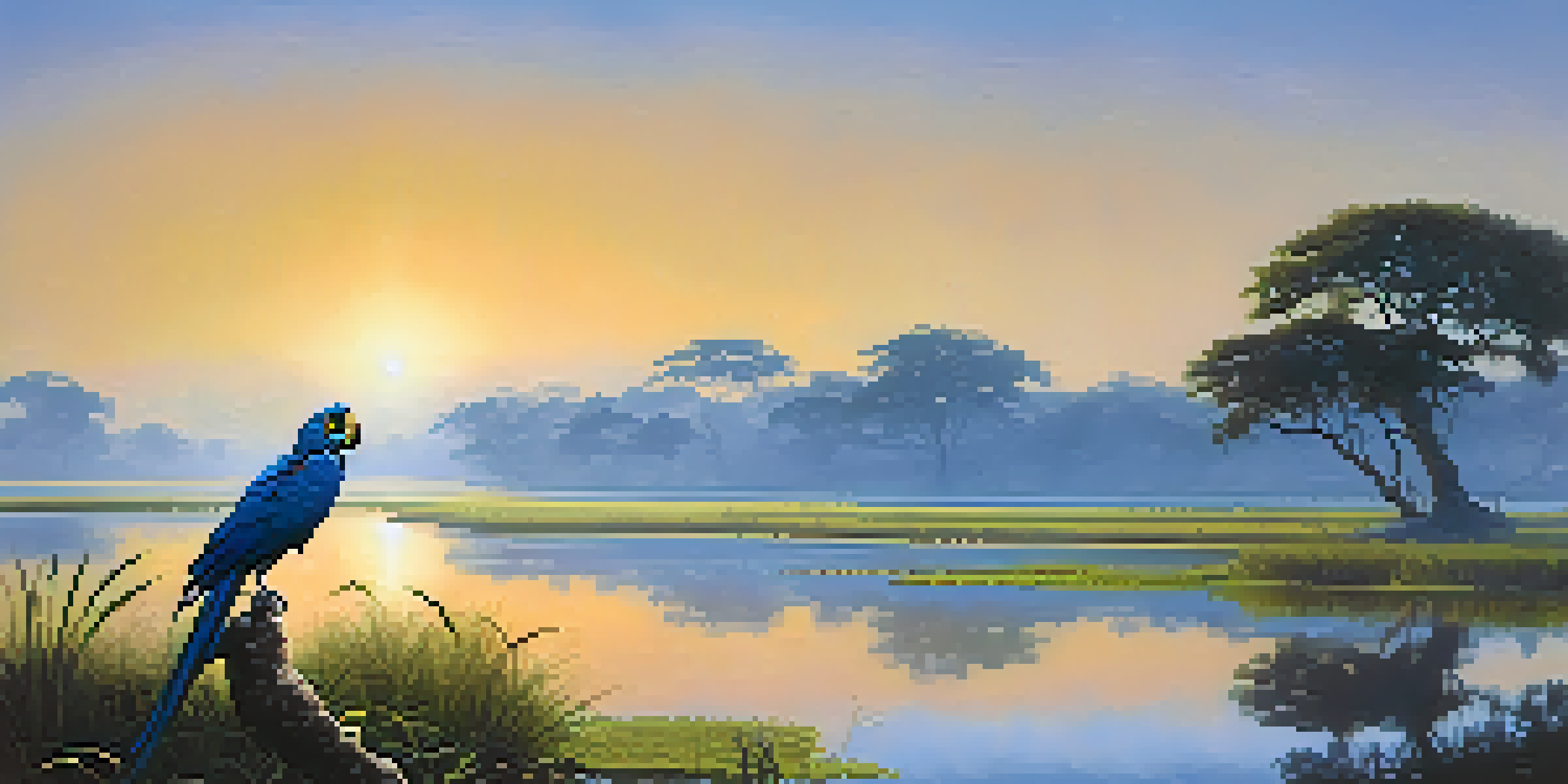A scenic view of the Pantanal wetlands at dawn, featuring a hyacinth macaw on a branch and mist rising from the river.