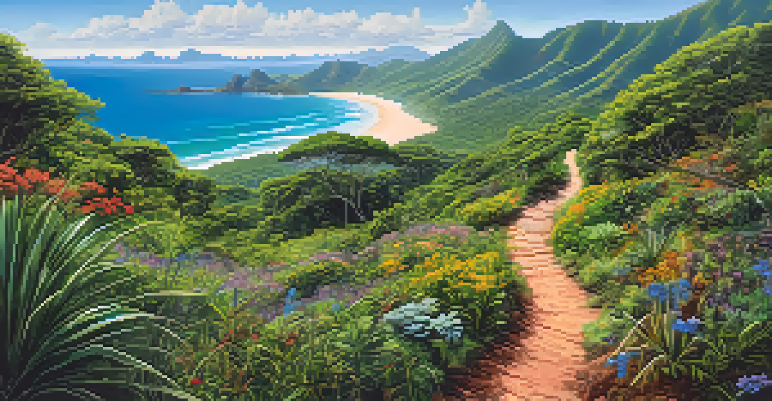 A hiker on a scenic trail in Brazil's Costa Verde region, surrounded by vibrant wildflowers and mountains with the ocean in the background.