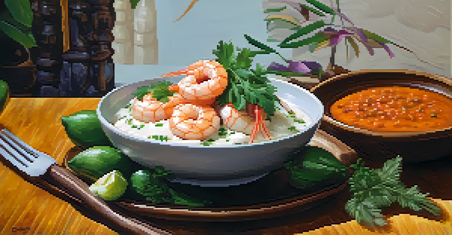 A close-up of vatapá, a creamy Brazilian dish garnished with herbs, on a rustic wooden table.