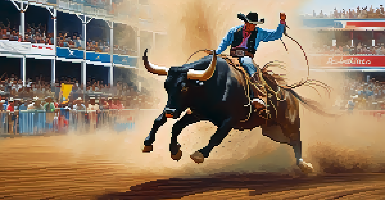 A cowboy riding a bull in a rodeo arena with a cheering crowd, surrounded by colorful banners and dust.