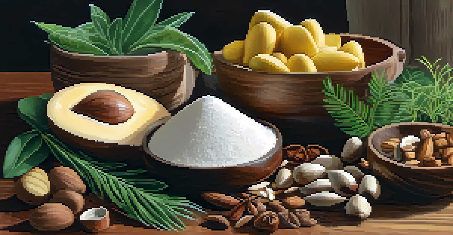 An artistic display of Amazonian ingredients like Brazil nuts and spices on a wooden cutting board.