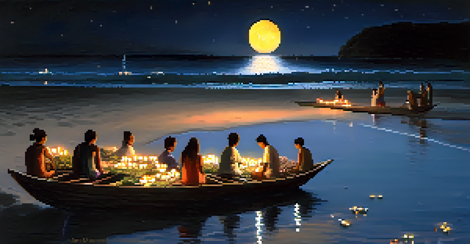 People casting flower-filled boats into the ocean at midnight, honoring Yemanjá under a moonlit sky.