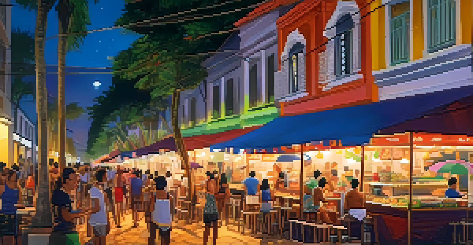 An evening street food scene in Recife, Brazil, with food carts and people enjoying açaí na tigela under warm lights.