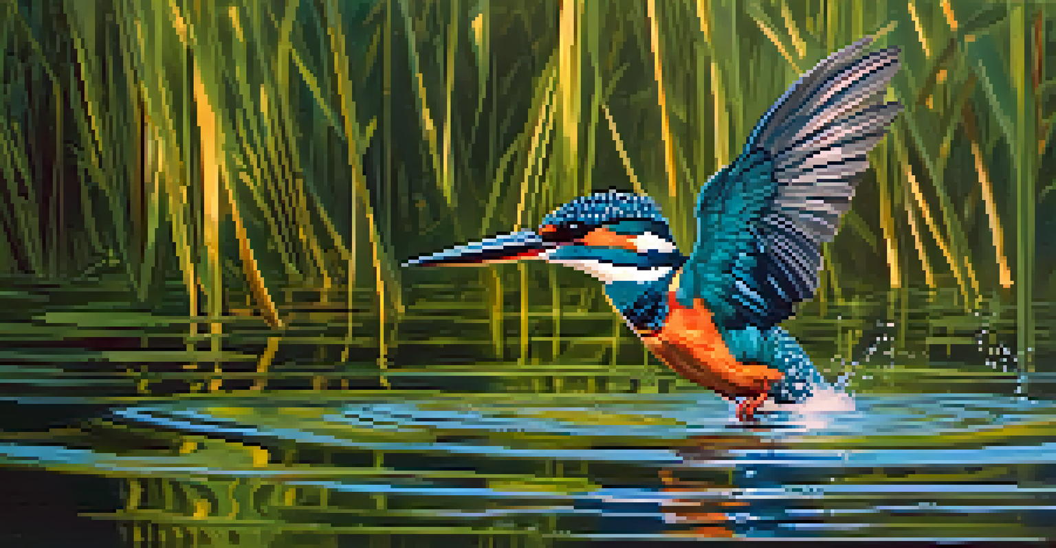 An Amazon kingfisher diving into the water in a flooded forest, with trees reflecting in the calm waters under a clear blue sky.