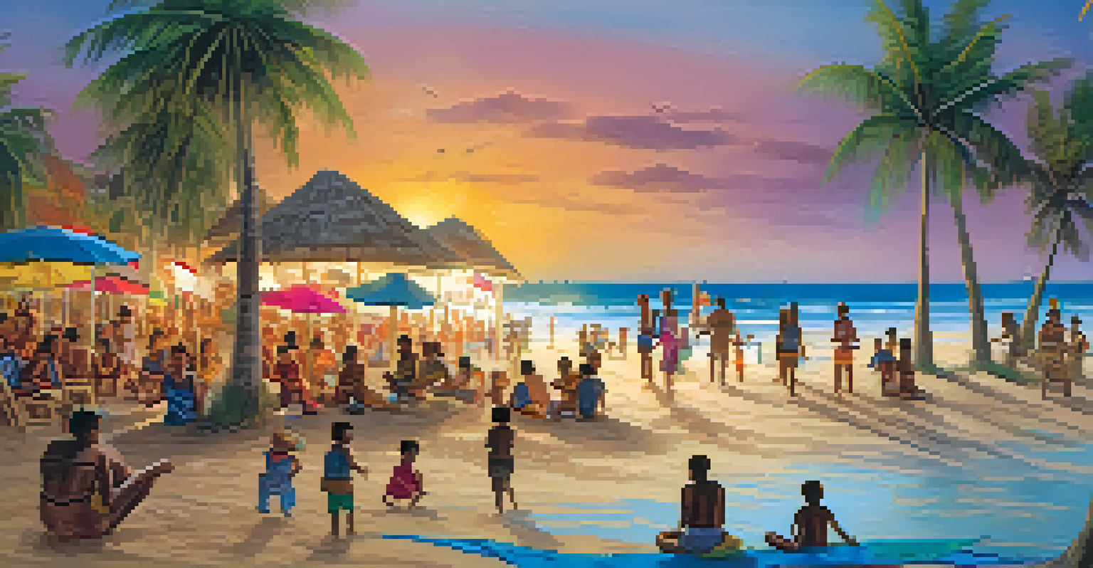 Families at a beach festival enjoying storytelling sessions, with children participating in activities, surrounded by palm trees and colorful beach umbrellas.