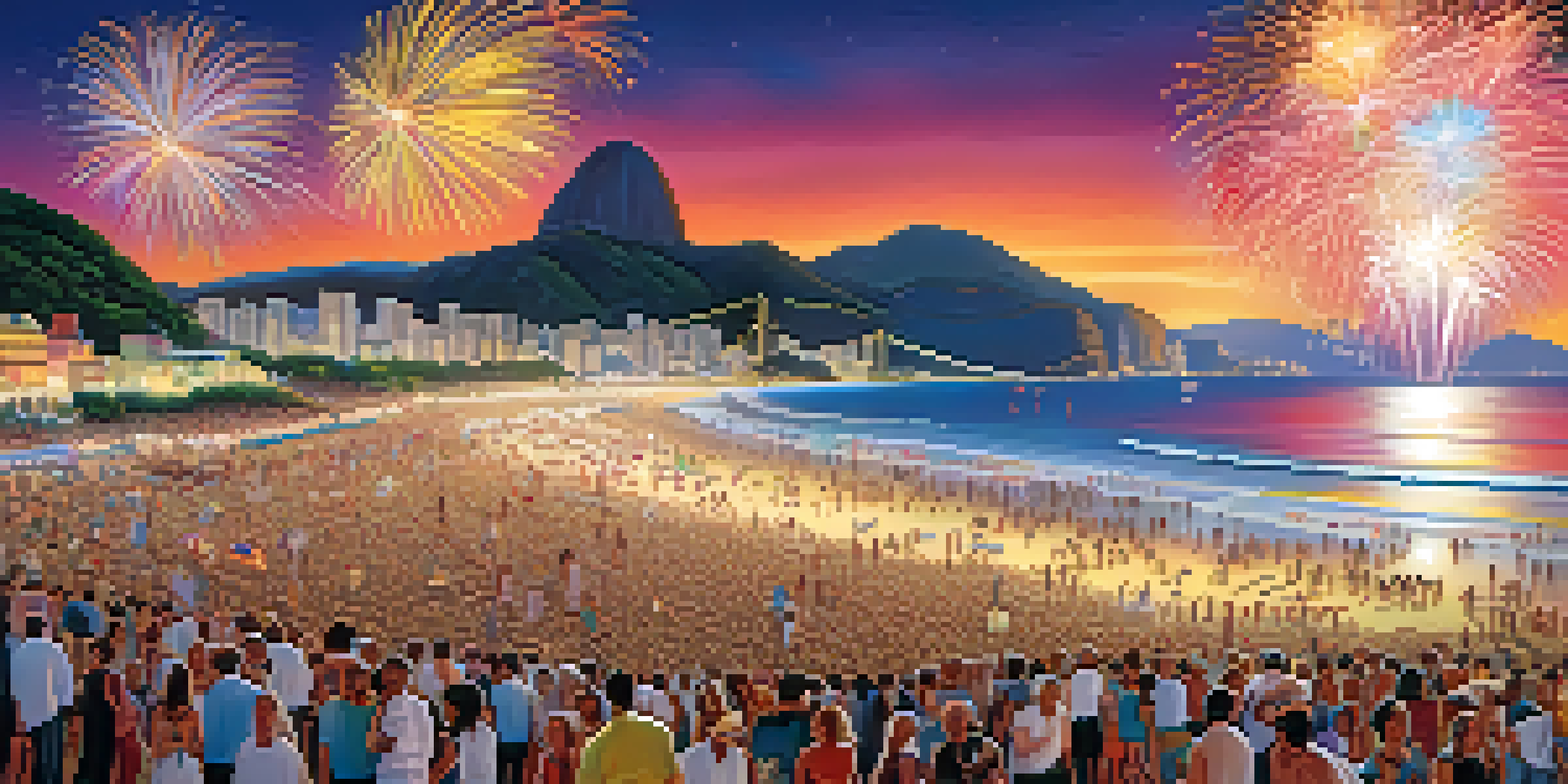 A lively celebration on Copacabana Beach with people in white clothing, colorful lights, and fireworks in the sky.