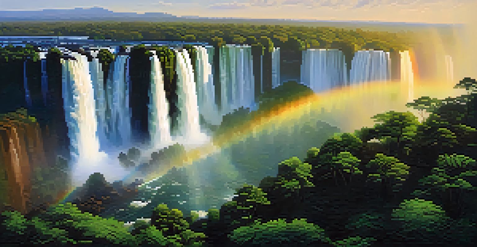 Iguazu Falls at sunrise, with cascading water and mist creating rainbows, framed by lush greenery.
