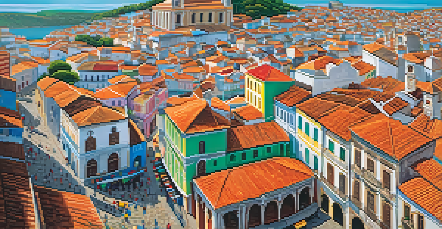 Aerial view of Salvador's Pelourinho district with colorful buildings and samba musicians creating a lively atmosphere.