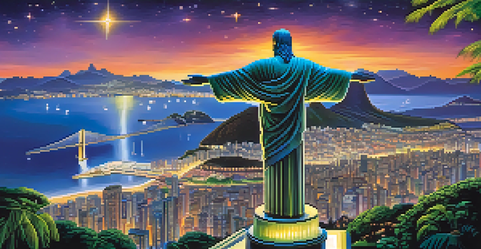 Night view of Christ the Redeemer statue illuminated with a starry sky and city lights of Rio de Janeiro below.