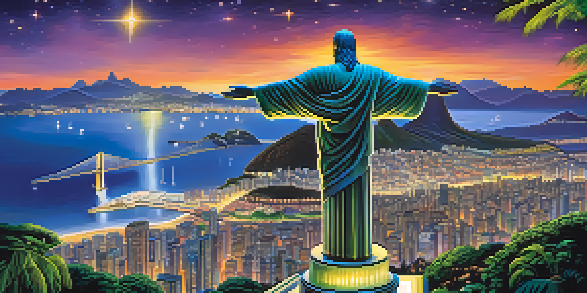 Night view of Christ the Redeemer statue illuminated with a starry sky and city lights of Rio de Janeiro below.